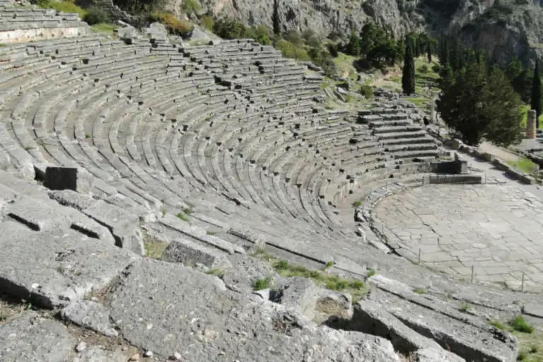 The stone seats of the ancient theatre at Delphi, above the temple of Apollo.